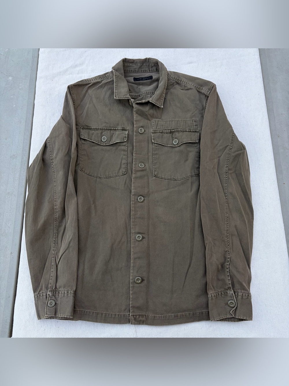 All Saints Olive Green Cotton Distressed Military Style Button Down Shirt Jacket